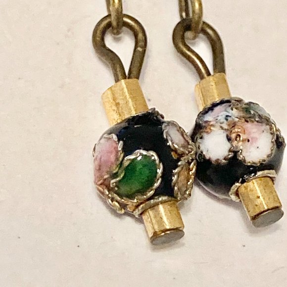 Vintage Cloisonne Bead Earrings Round Black Gold Tone Bronze Plated Dainty - Picture 11 of 13